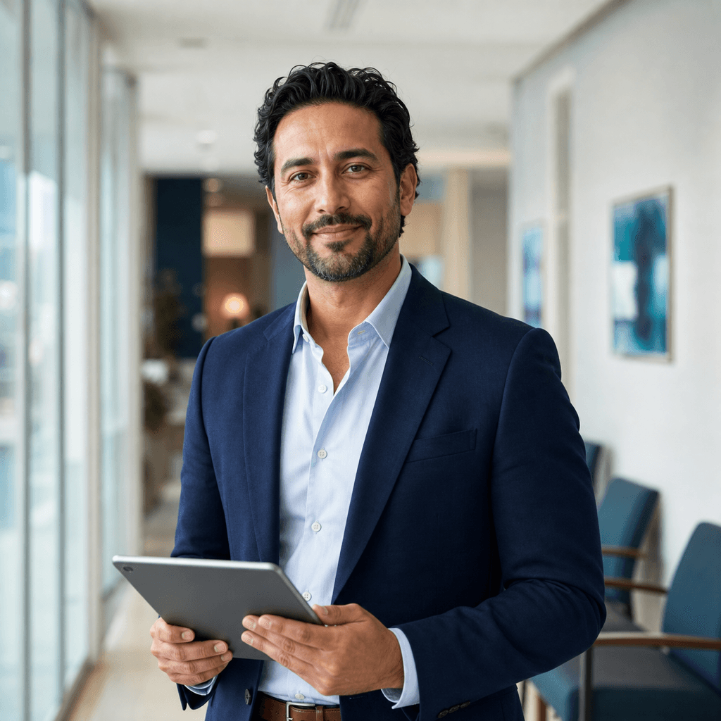 Clinic owner reviewing operations on a tablet